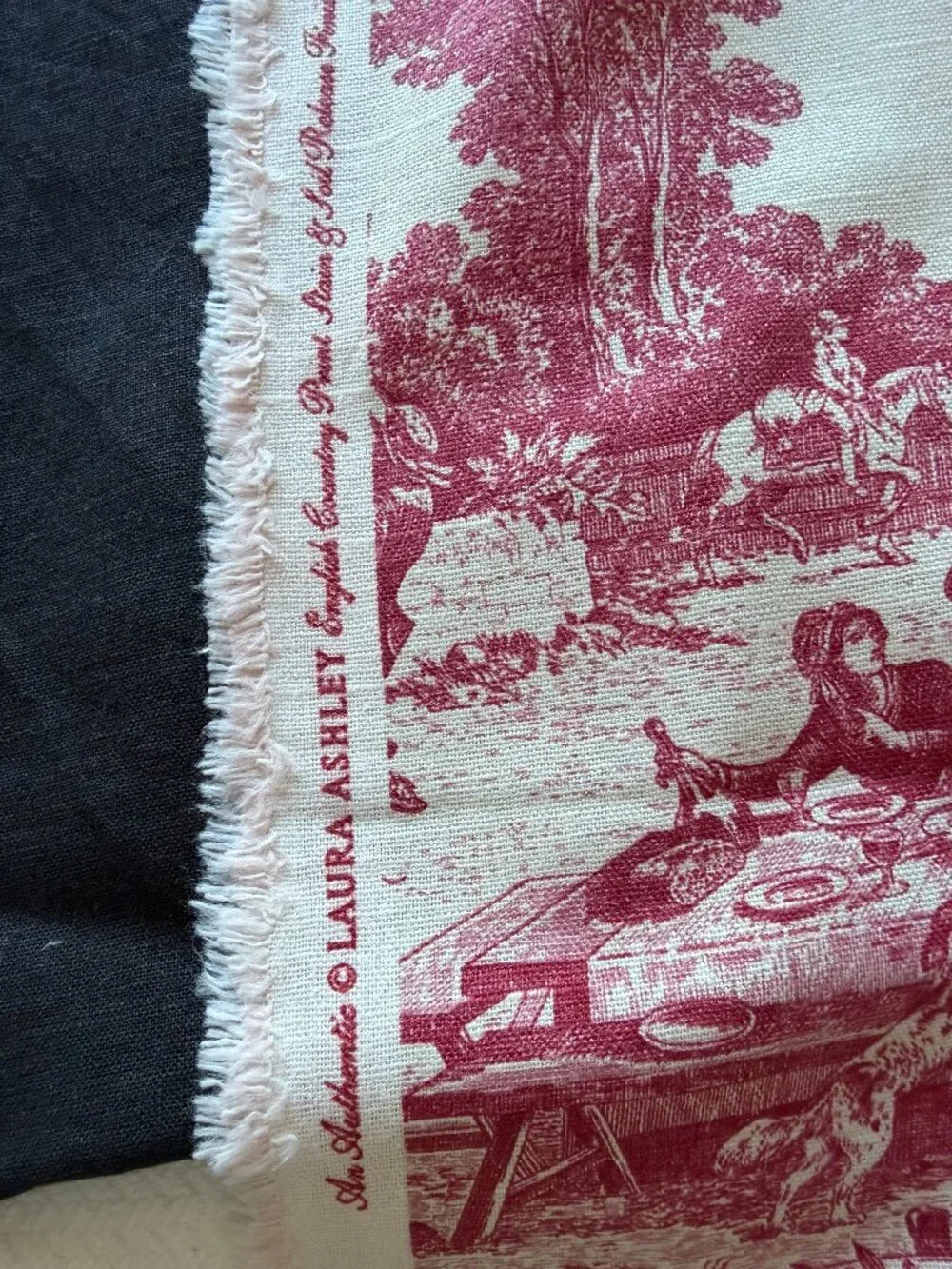 Vintage Toile Print Laura Ashley French Country Pastoral 3 yards Cranberry Cream